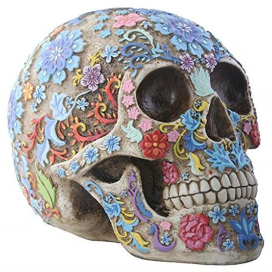 Colorful Floral Human Skull Resin Statue Figurine 6.25 inch