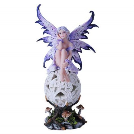 Purple Elegante Flower Fairie Sitting on Changing Color LED Orb Meadow Mushroom Fairy Statue 10.25 inch