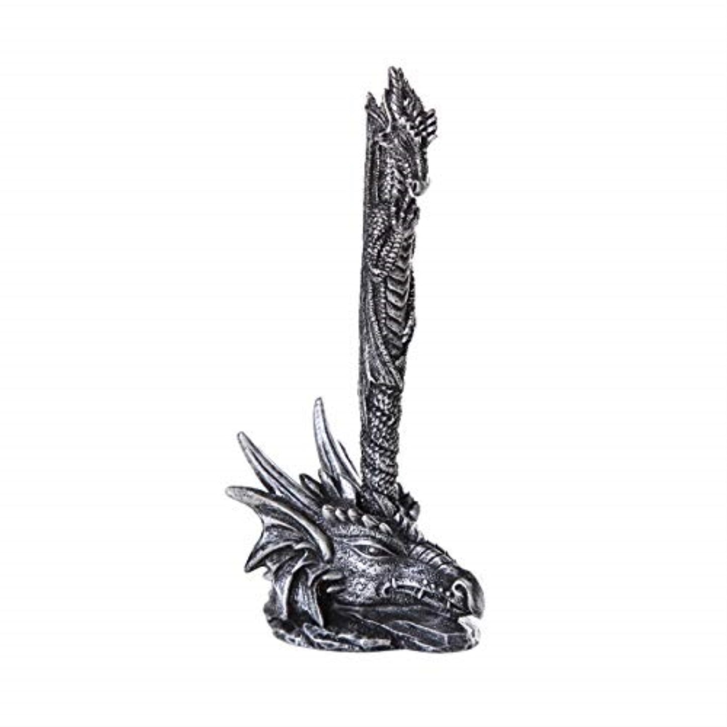 Silver Dragon Head Pen with Holder Home Fantasy Office Decoration 6.5 inches Tall