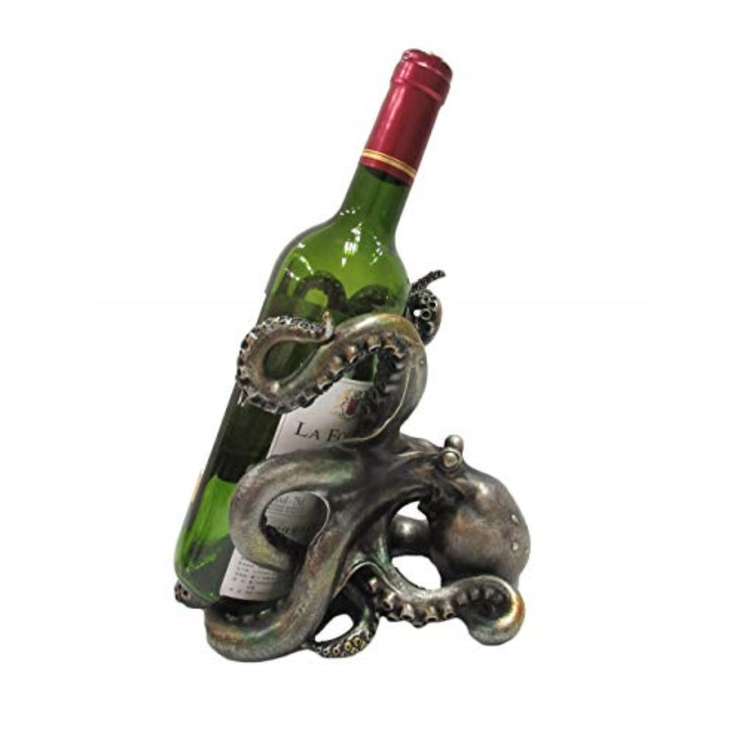 Rustic Silver Octopus Wine Bottle Holder 7.5 Inch Tall Tabletop Bar Counter Decorative Sculpture