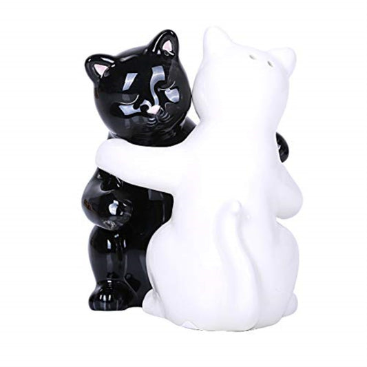Hugging Kitty Cats Ceramic Salt and Pepper Shakers Black and White Magnetic