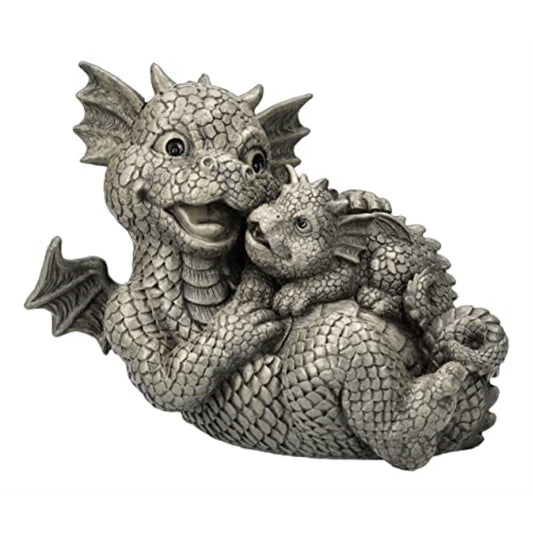 Family Mother and Baby Dragon Garden Display Decorative Statue Sculpture Resin Stone Look 10 inch