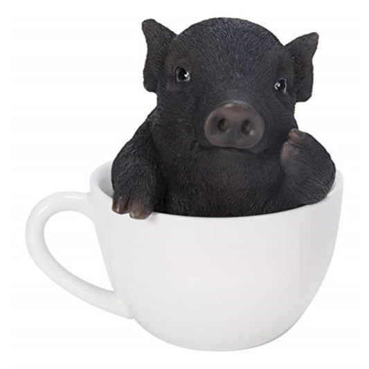 Rustic Lifelike Black Pig Piggy In Tea Cup Figurine Animal Farm Pigs Swine Decor