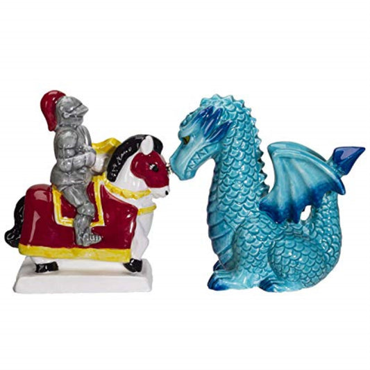 Knight on Horse and  Dragon Ceramic Salt and Pepper Shakers Set