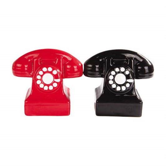 Red and Black Retro Phones Old Fashioned Attractives Magnetic Ceramic Salt and Pepper Shaker Set