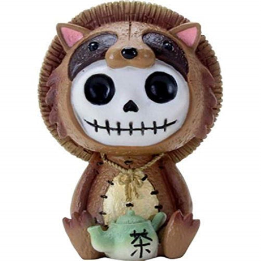 Tanuki White Skeleton in Brown Raccoon Costume with Green Teapot Figurine