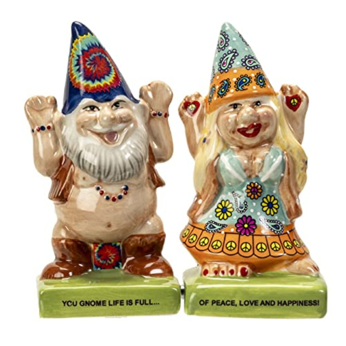 Pacific Trading Hippie Gnomes Ceramic Magnetic Salt and Pepper Shaker Set 4 Inch Multicolor