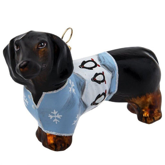 Joy To The World Dachshund in Penguin Christmas Pajamas Polish Glass Ornament