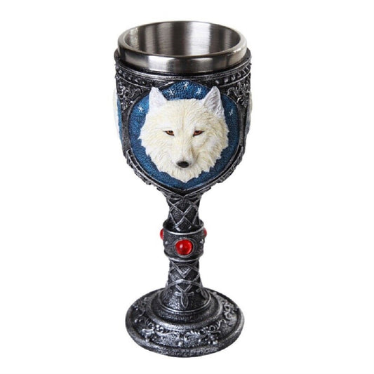 Lone Spirit White Wolf Wine Goblet Chalice Cup Resin Body Stainless Steel Cup 6 ounce