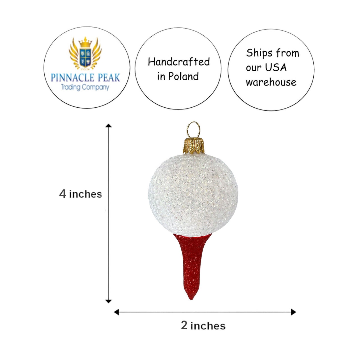 Pinnacle Peak Trading Golf Ball on Red Tee Polish Blown Glass Hanging Christmas Tree Ornament 4 inch