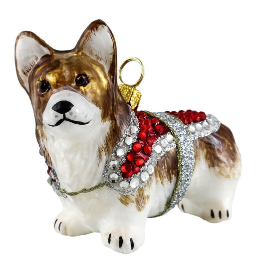 Joy to the World Pembroke Welsh Corgi in Crystal Coat Polish Blown Glass Christmas Ornament