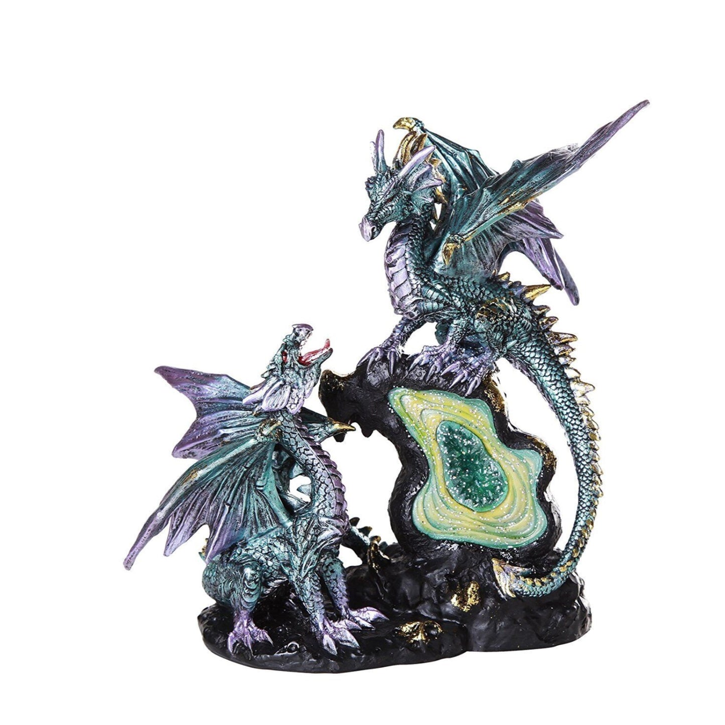 Dueling Dragons Family On Faux Emerald Quartz Geode LED Light Mountain Figurine