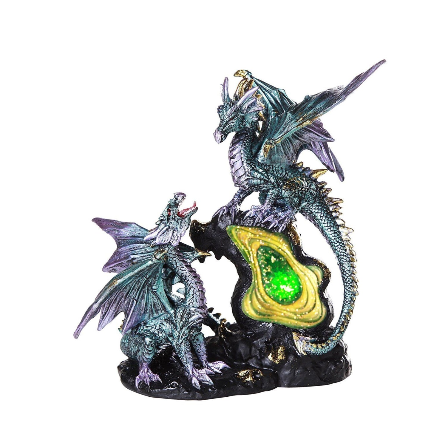 Dueling Dragons Family On Faux Emerald Quartz Geode LED Light Mountain Figurine