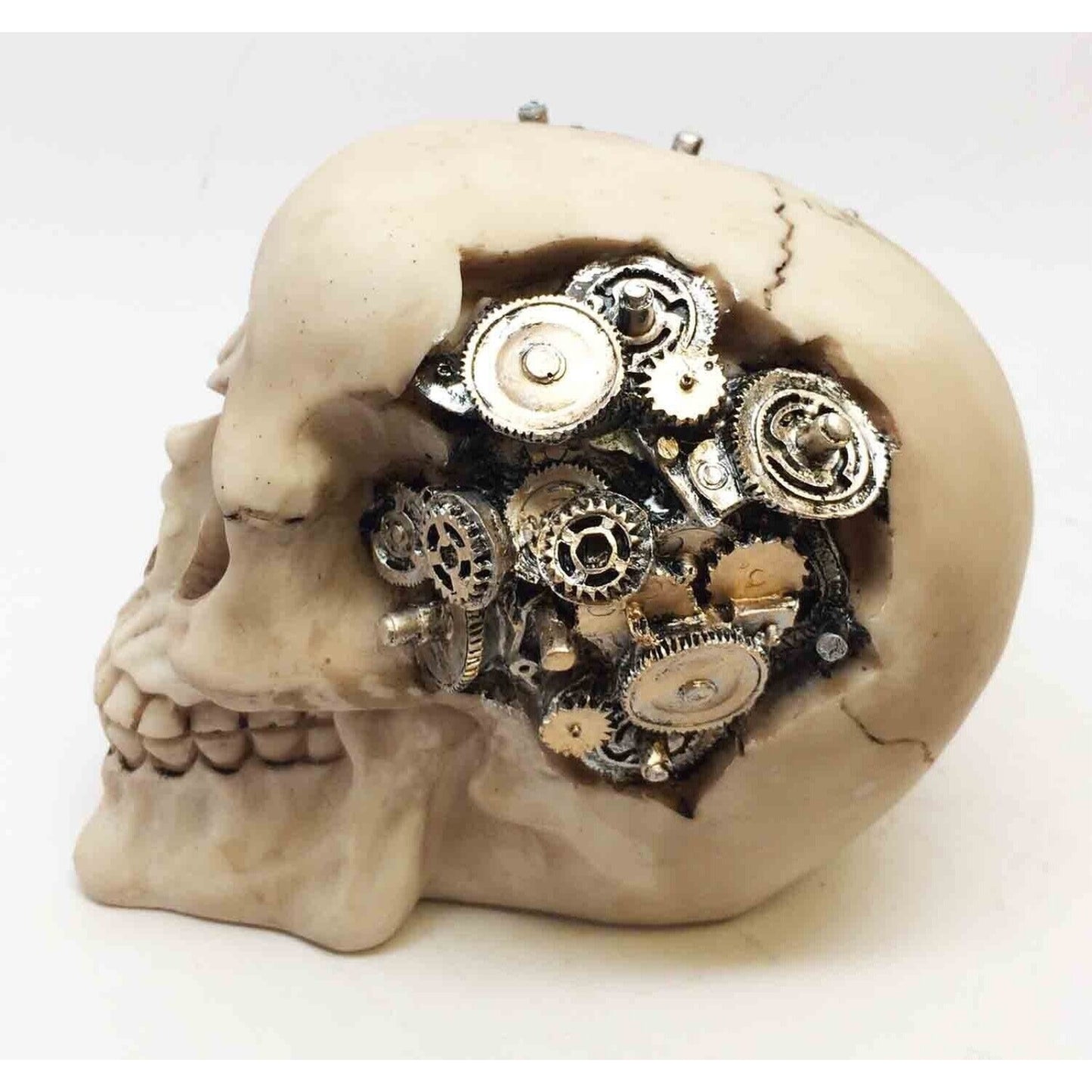 Steampunk Human Skull with Metal Gears Figurine Futuristic Steam Punk Decoration 4.75 inch