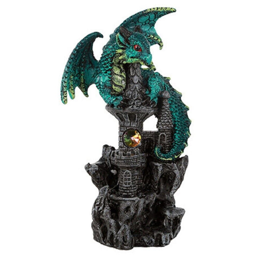 Green Guardian Dragon on Castle Figurine Medieval Mythical Fantasy Decoration 5.5 inch