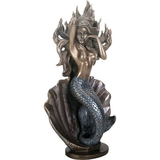 Mermaid On Shell Bronze Look Figurine Statue 11.75 inch
