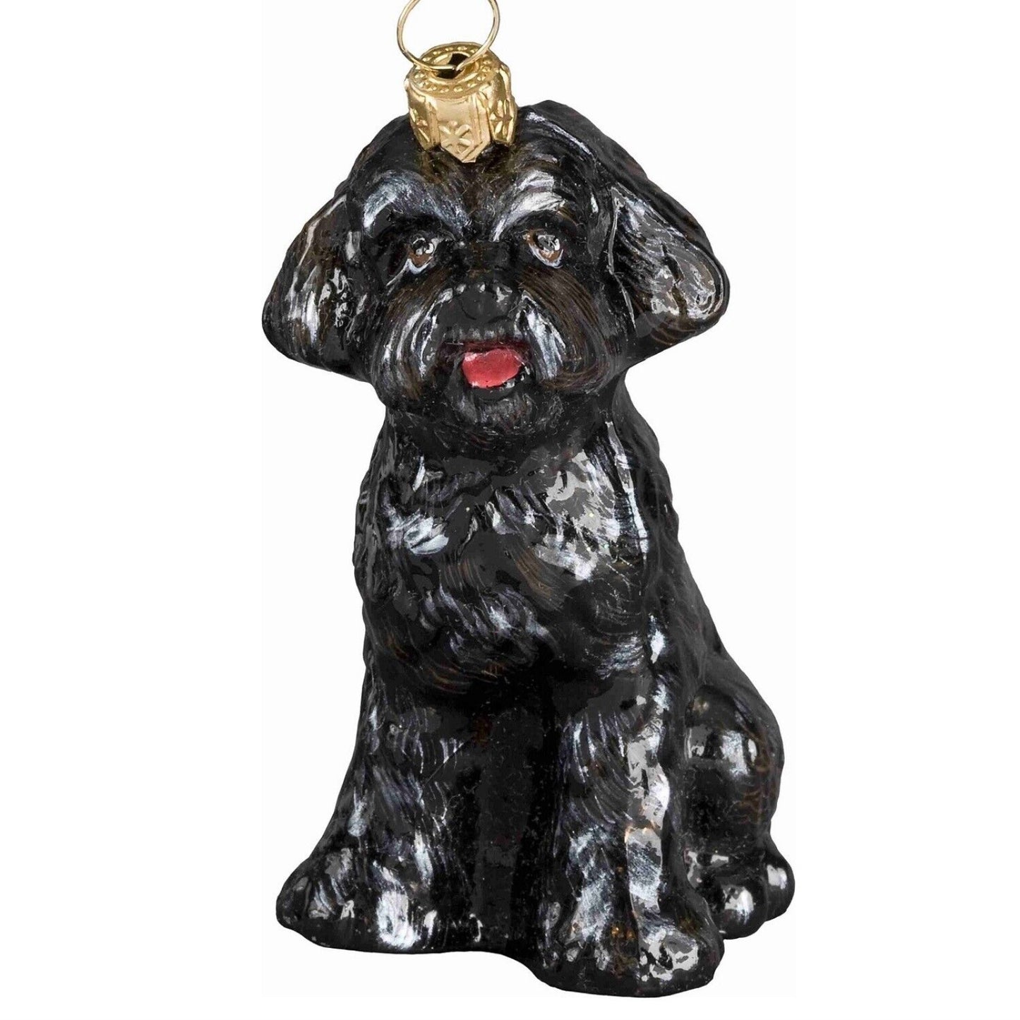 Joy to the World Sitting Black Schnoodle Dog Polish Glass Christmas Tree Ornament Decoration
