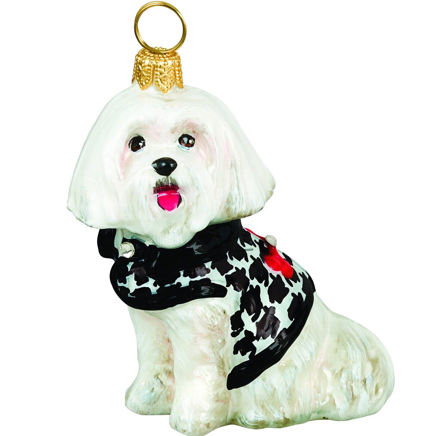 Joy to the World Maltese in Hounds Tooth Sweater Polish Glass Christmas Ornament