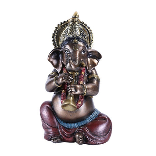 The Hindu Elephant Deity Sitting Ganesh Playing Shehnai Figurine 6.75 inch
