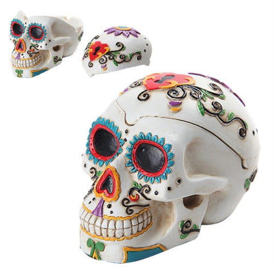 White Day of The Dead Themed Sugar Skull Hand Painted Resin Ashtray 4 x 4 inch