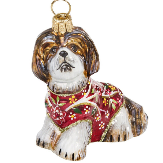 Joy to the World Brown and White Shih Tzu In A Silk Kimono Polish Glass Christmas Tree Ornament