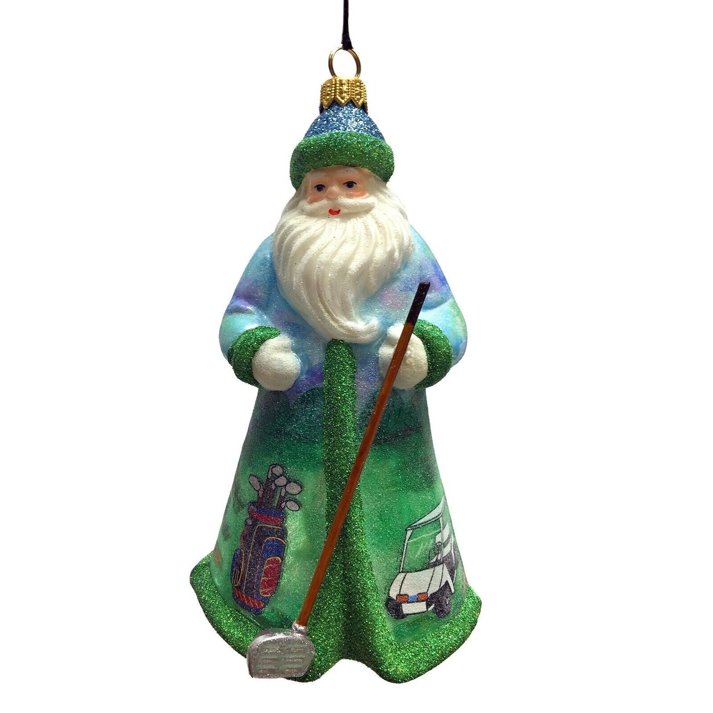 Joy to the World Glitterazzi Golfing Santa Polish Glass Christmas Tree Ornament New