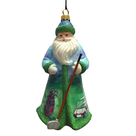 Joy to the World Glitterazzi Golfing Santa Polish Glass Christmas Tree Ornament New