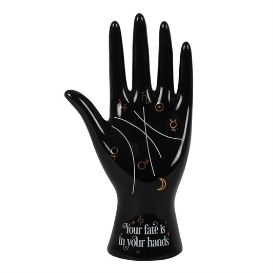 Black Palmistry Symbols Fortune Telling Statue Ceramic Hand Figurine 7.8 inch