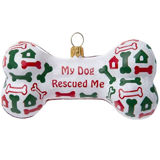Joy To The World My Dog Rescued Me Dog Bone Polish Glass Christmas Ornament