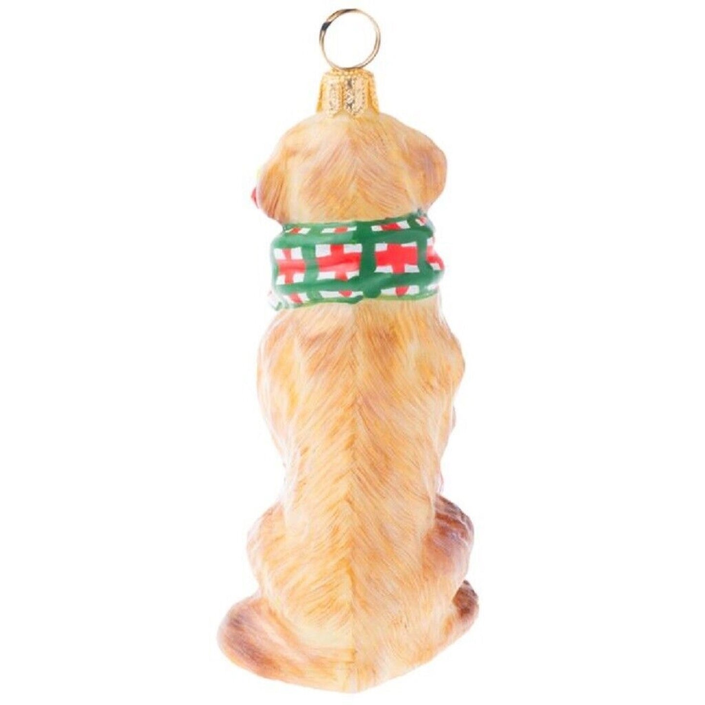 Joy To The World Golden Retriever with Tartan Plaid Scarf and Toy Glass Ornament