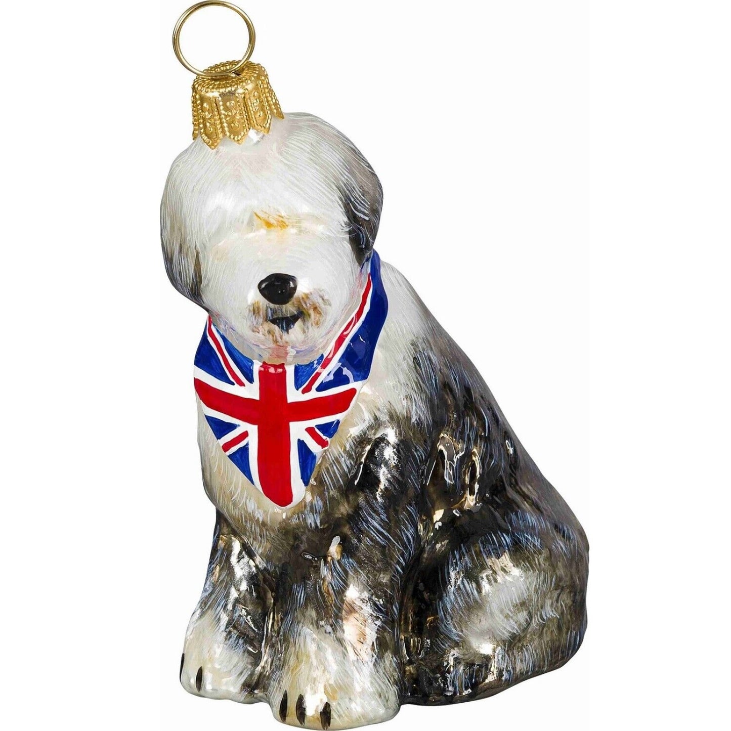 Joy to the World Old English Sheepdog with Union Jack Bandana Polish Glass Christmas Ornament