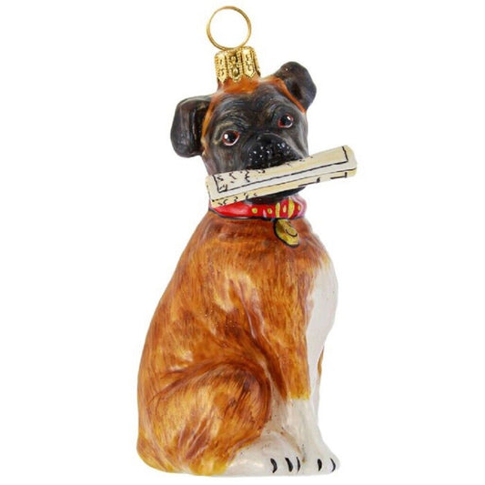 Joy To The World Boxer with Newspaper Polish Glass Christmas Tree Ornament