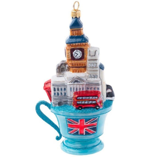 Joy To The World London Tea Cup Polish Glass Chrismtas Tree Ornament