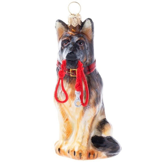 Joy To The World German Shepherd with Leash Polish Glass Christmas Ornament