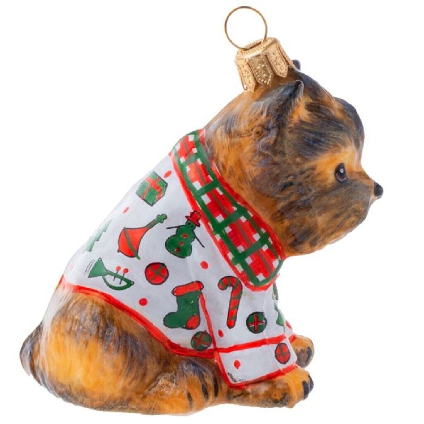 Joy To The World Yorkshire Terrier in Tartan Plaid Christmas Pajamas Ornament