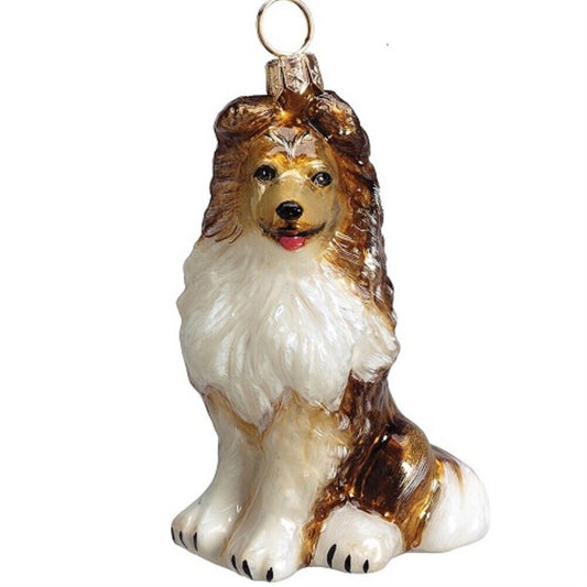 Joy to the World Shetland Sheltie Sheep Dog Polish Blown Glass Christmas Ornament