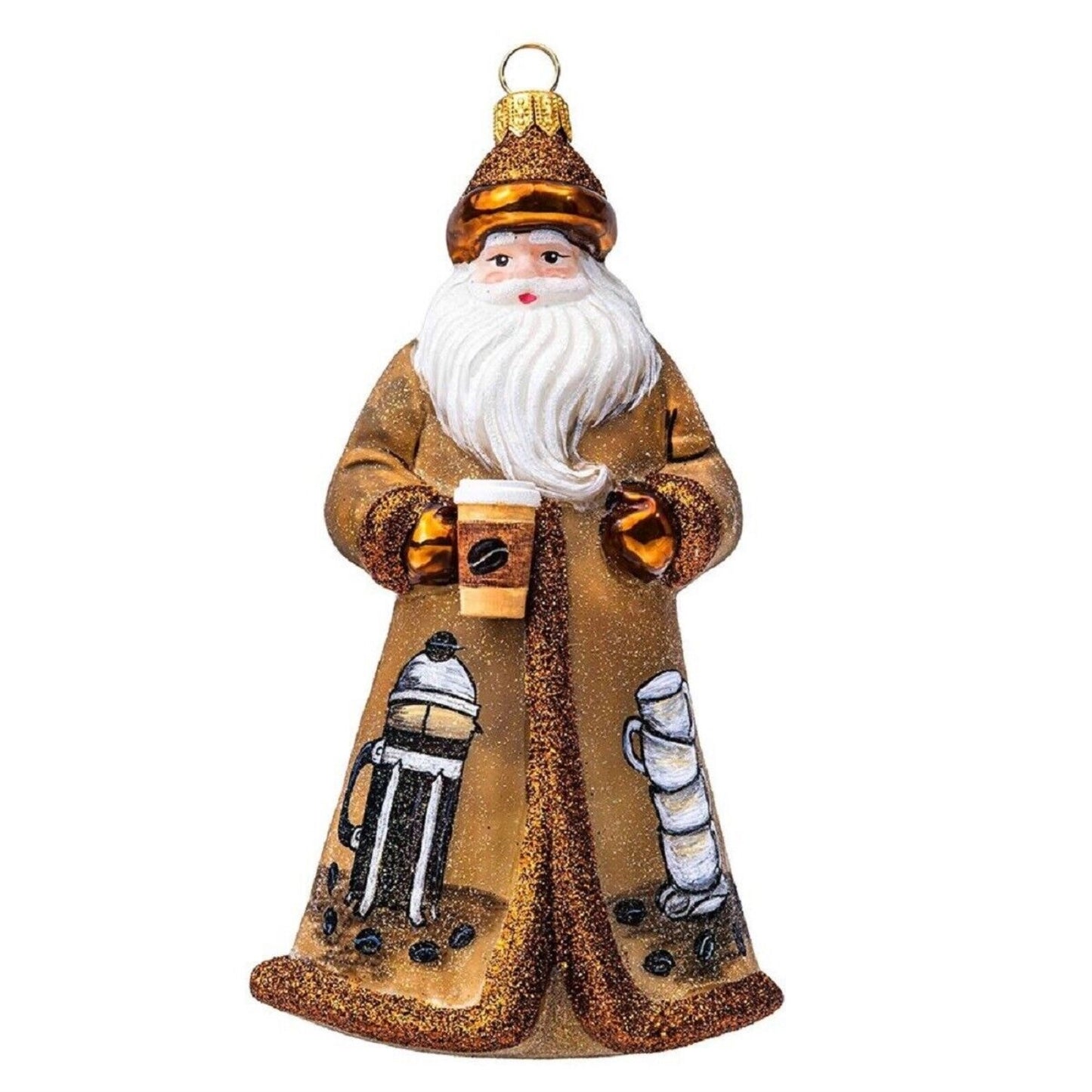 Joy to the World Glitterazzi Coffee Santa with To Go Cup Polish Glass Christmas Ornament
