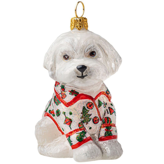 Joy to the World White Maltese in Christmas Pajamas Polish Glass Tree Ornament