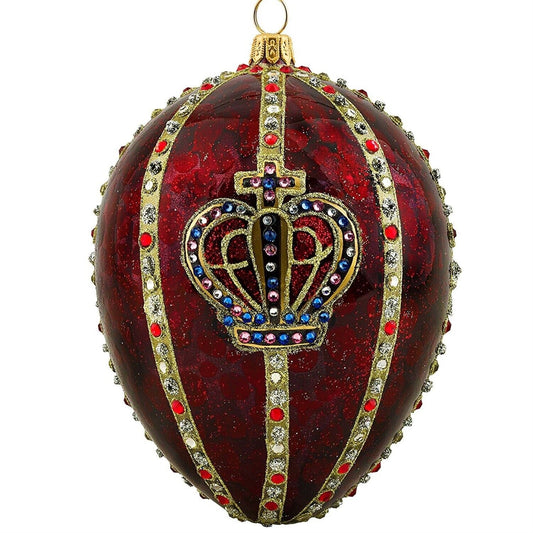 Joy to the World Glitterazzi Red Crown Jeweled Egg Polish Glass Christmas Tree Ornament Royal