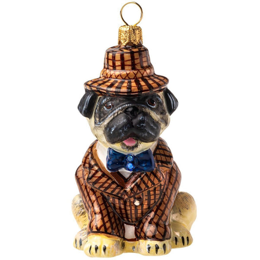 Joy to the World Fawn Pug in Fedora and Tweed Suit Polish Glass Tree Ornament