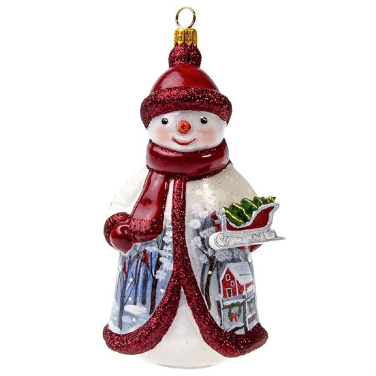 Joy to the World Glitterazzi Red and Silver Snowman Holding Sleigh Polish Glass Ornament
