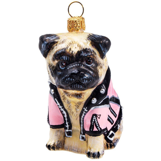 Joy to the World Pug Fawn with Pink Motorcycle Jacket Polish Glass Dog Christmas Ornament