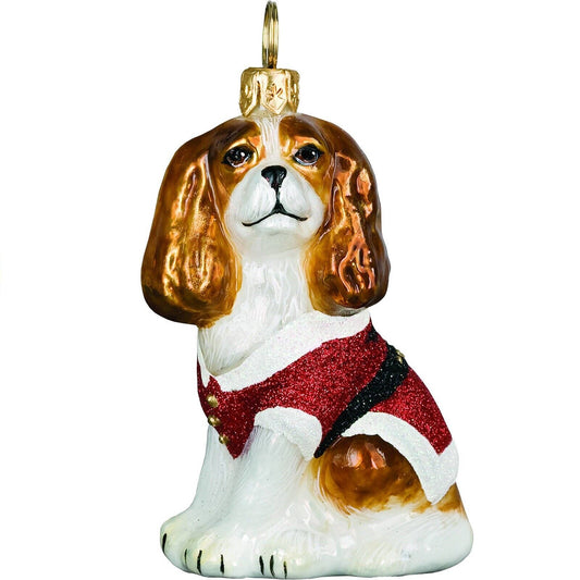 Joy to the World Cavalier King Charles Spaniel Santa Paws Polish Glass Christmas Ornament