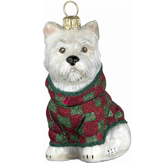 Joy to the World Westie in Checkered Coat Polish Glass Christmas Ornament West Highland Terrier