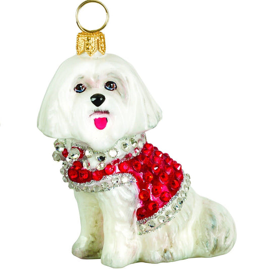 Joy to the World Maltese in Full Crystal Coat Polish Glass Christmas Ornament
