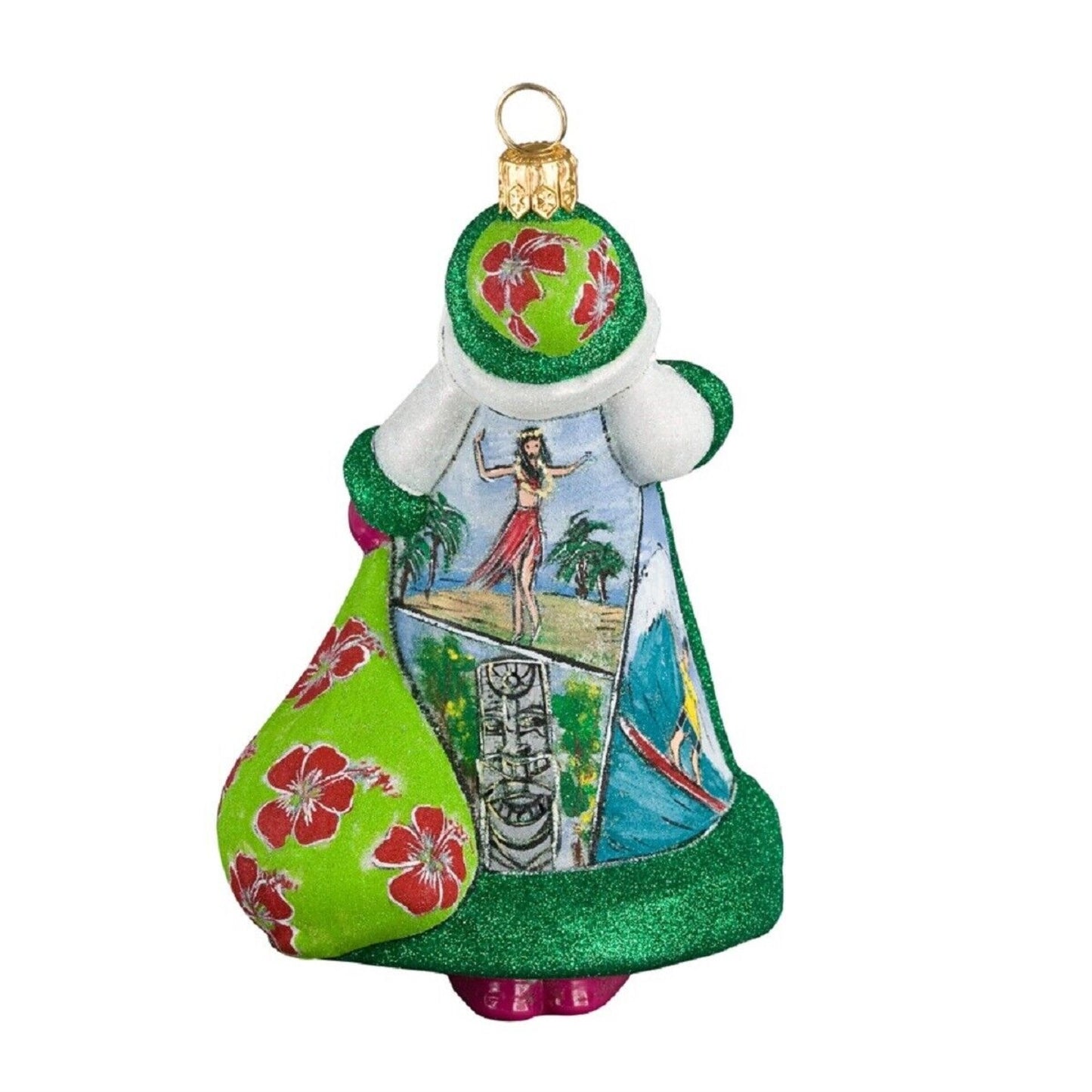 Joy to the World Aloha Hawaii Santa with Hula Dancer Polish Glass Glitterazzi Christmas Ornament