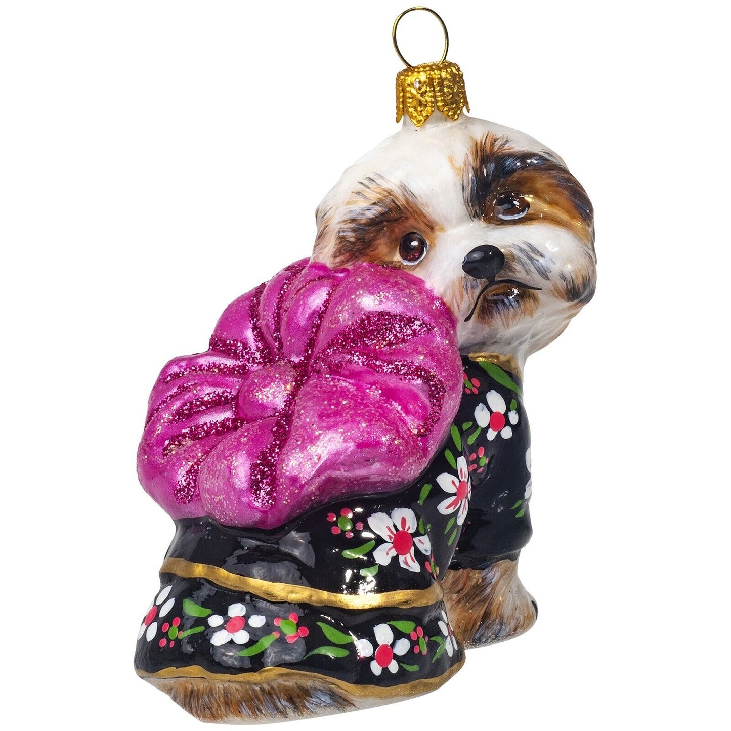 Joy to the World Shih Tzu in Silk Kimono Polish Glass Christmas Ornament