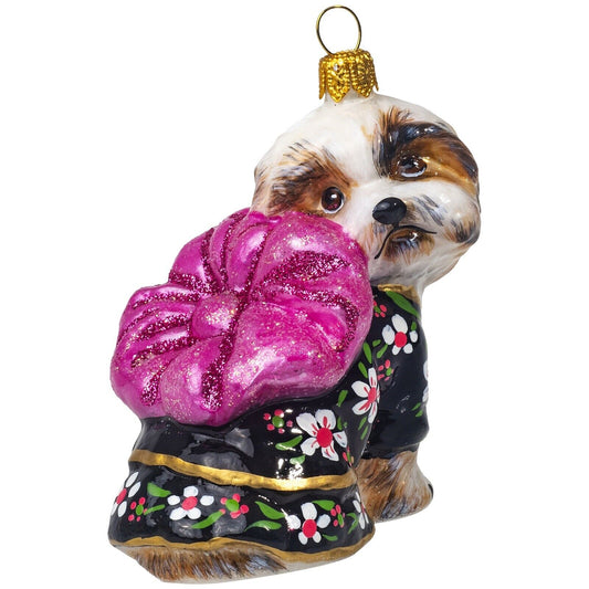 Joy to the World Shih Tzu in Silk Kimono Polish Glass Christmas Ornament