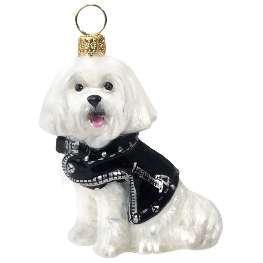 Joy to the World Maltese in Motorcycle Jacket Polish Glass Christmas Ornament