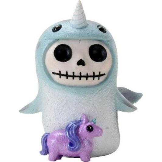 Furrybones Whally Signature Skeleton in Narwhal Costume with a Toy Unicorn Figurine